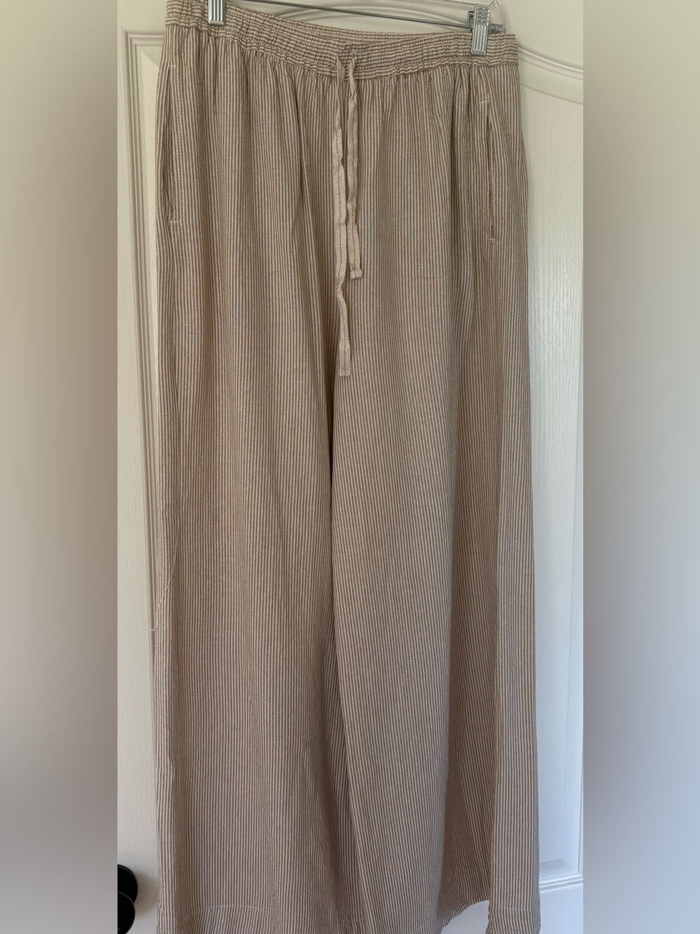Max Studio London Wide Leg Linen Blend Pull-On Pants Size Large Neutral Stripe